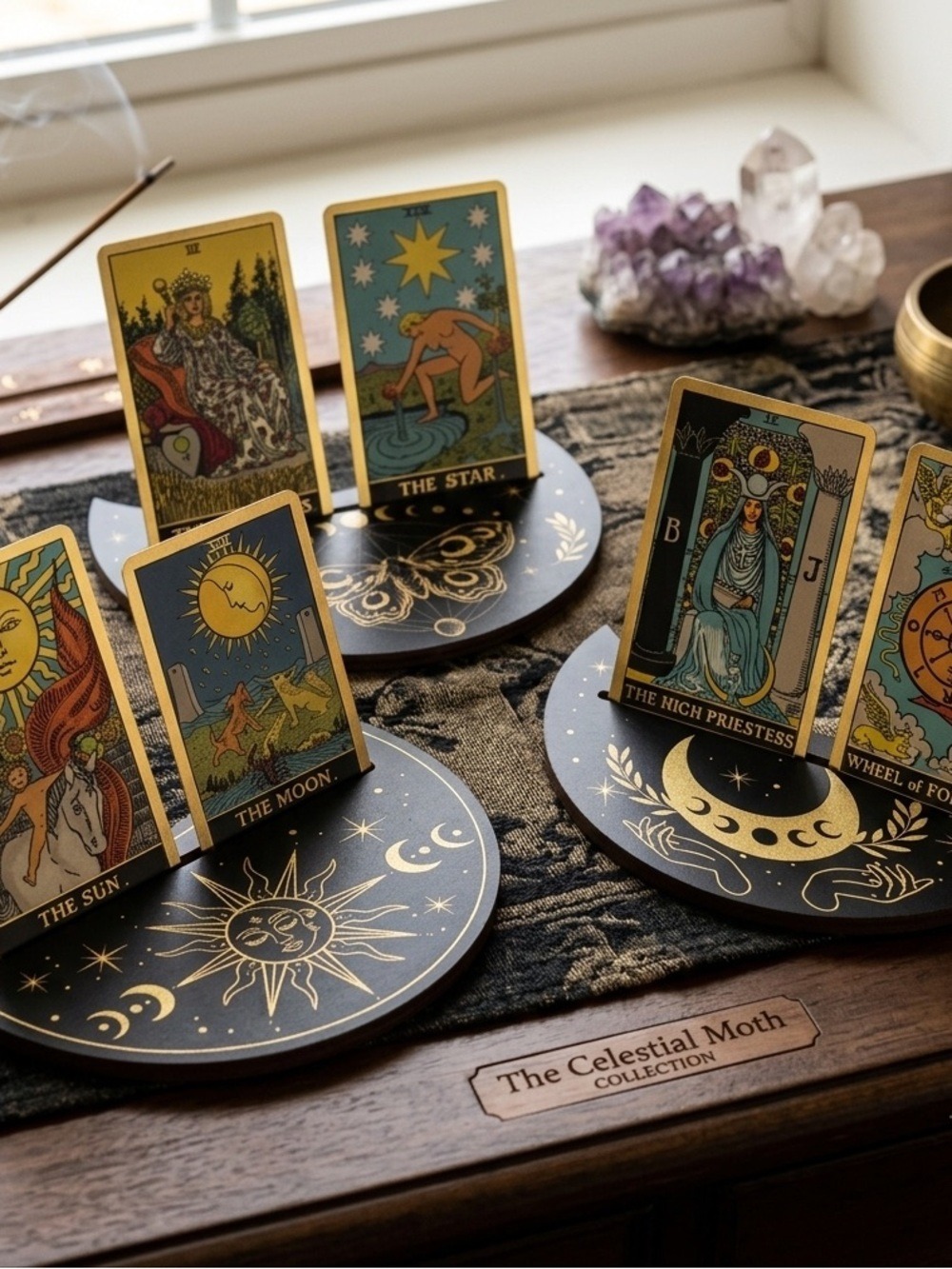 3pc Wooden Moon Tarot Card Holder Stand Set Celestial Sun Moth Witchy Altar